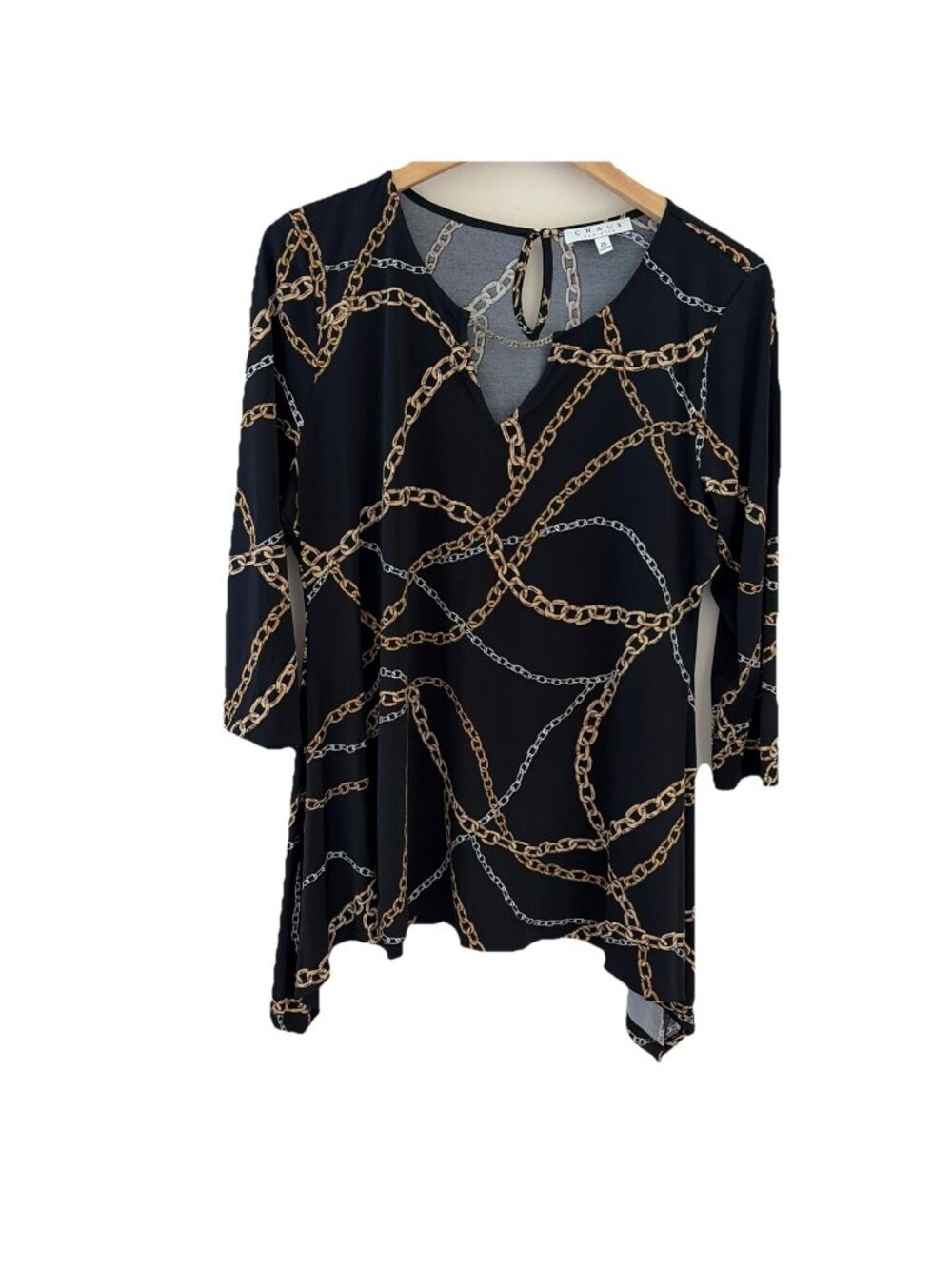 VTG Chaus Womens Chain Print Top Tunic Size XL Black Equestrian Stretch Heritage